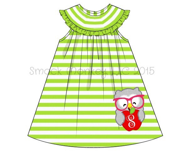 Girl's applique "SMARTY OWL" lime green striped knit sleeveless a-line swing dress *see description (NO MONOGRAM) (18m,24m)
