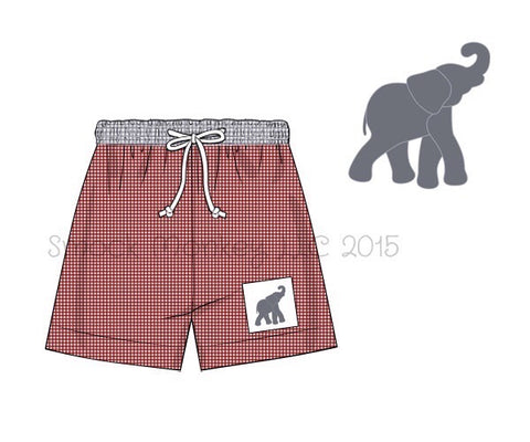 Boy's smocked "ELEPHANTS" garnet microgingham swim trunks (3m,9m,8t)