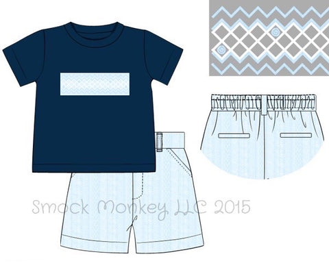 Boy's smocked ""GEOMETRIC DESIGN" navy short sleeve shirt  (SHIRT ONLY) (10t)