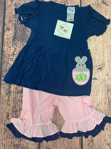 Girl's navy "BUNNY IN AN EGG" navy short sleeve swing top and pink microgingham capri set "HME" (24m)