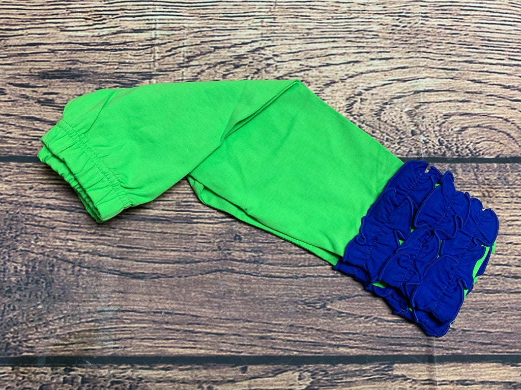 Girl's lime knit leggings with royal blue ruffle trim (18m)