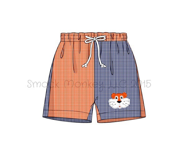 Boy's applique "TIGER" navy and orange microgingham color block swim trunks (3m,12m,18m,2t,4t)