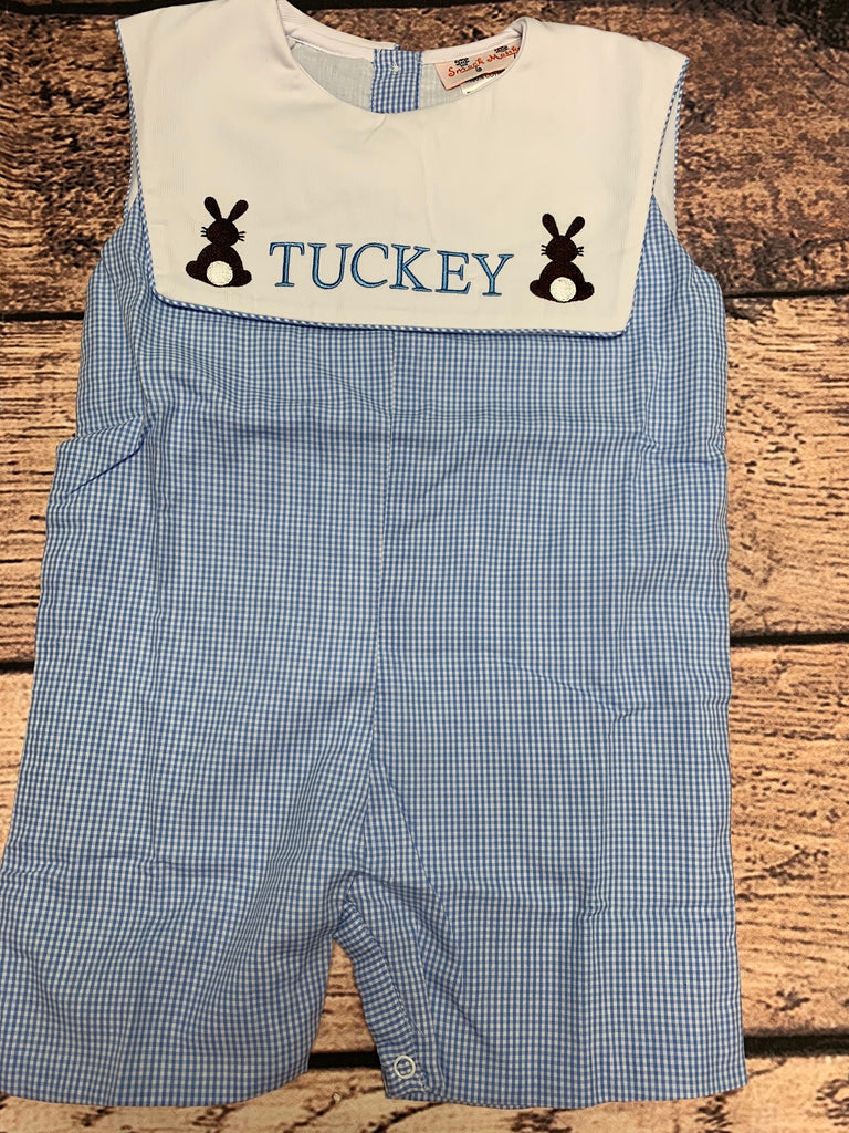 Boy's embroidered "BUNNIES" blue microgingham shortall "TUCKEY" (18m)