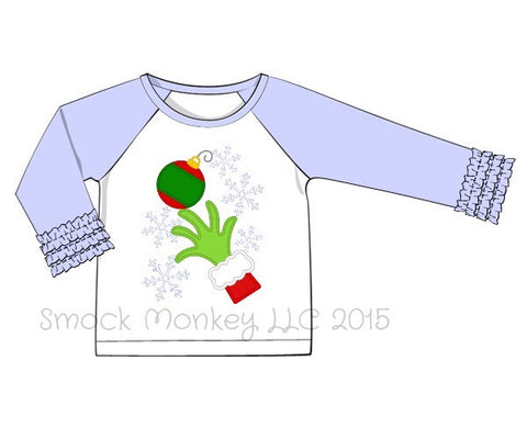 Girl’s applique “GREEN HAND” white baseball shirt with baby blue ruffle sleeves (12m,18m)