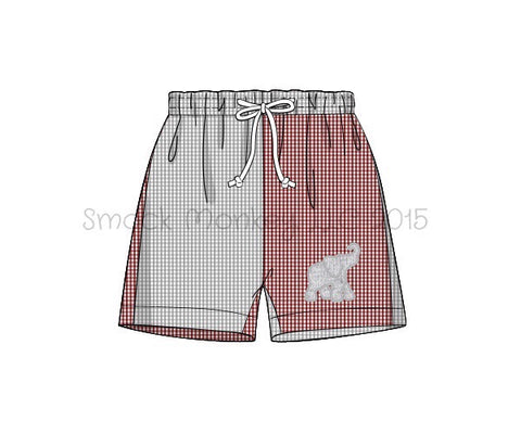 Boy's applique "ELEPHANT" garnet and gray microgingham color block swim trunks (5t,7t,8t,10t)