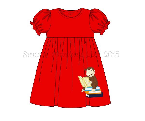 Girl's applique "GEORGE GOES TO SCHOOL" red knit swing dress (24m)