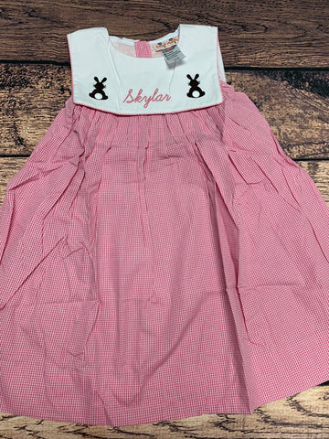Girl's square collar embroidered "BUNNIES" pink gingham sleeveless dress "SKYLAR" (5t)
