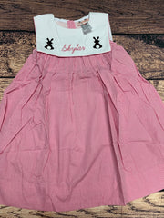 Girl's square collar embroidered "BUNNIES" pink gingham sleeveless dress "SKYLAR" (5t)