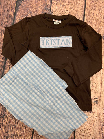 Boy's smocked "TRISTAN" brown long sleeve shirt and blue gingham pant set (4t)