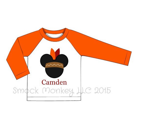 Boy's applique "INDIAN MOUSE" white baseball shirt with orange sleeves (NO MONOGRAM) (24m,7t)