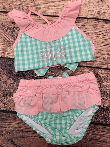 Girl's mint gingham two piece swim suit "SHL" (4t)