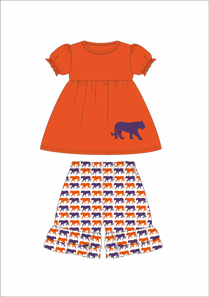 Girl's applique "TIGER" orange short sleeve swing top and orange and purple print ruffle shorts *PRINT WILL BE SAME DIRECTION* (12m,8t)