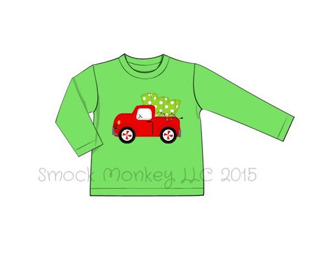 Boy’s applique “BRINGING HOME THE TREE” lime green knit long sleeve shirt (6m,24m)