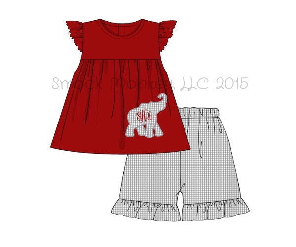 Girl's applique "ELEPHANT" garnet knit swing top and gray microgingham ruffle short set (NO MONOGRAM) (12m,7t)