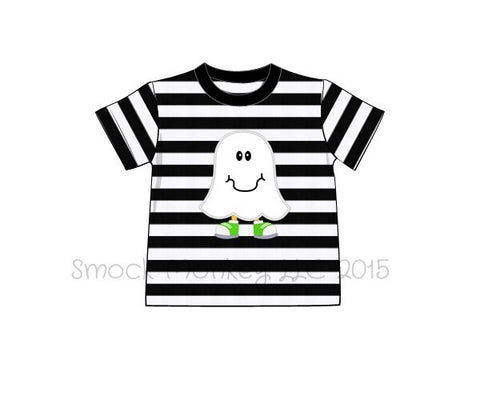 Boy's applique "GHOST WITH SHOES" black striped knit short sleeve shirt (12m,18m)