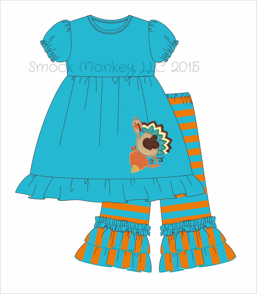 Girl's applique "GOBBLE, GOBBLE, TURKEY" aqua short sleeve knit swing top and aqua/orange striped knit ruffle pants*see desc (3m,12m,24m,2t)