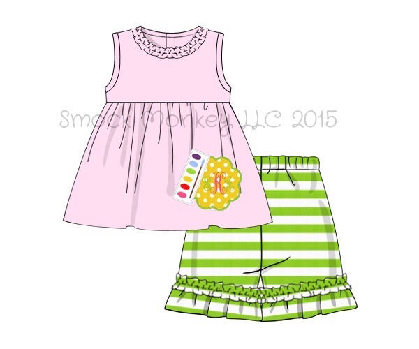 Girl's applique "PAINT BRUSH SET" light pink swing top and lime green striped knit short set (NO MONOGRAM) (24m,2t)