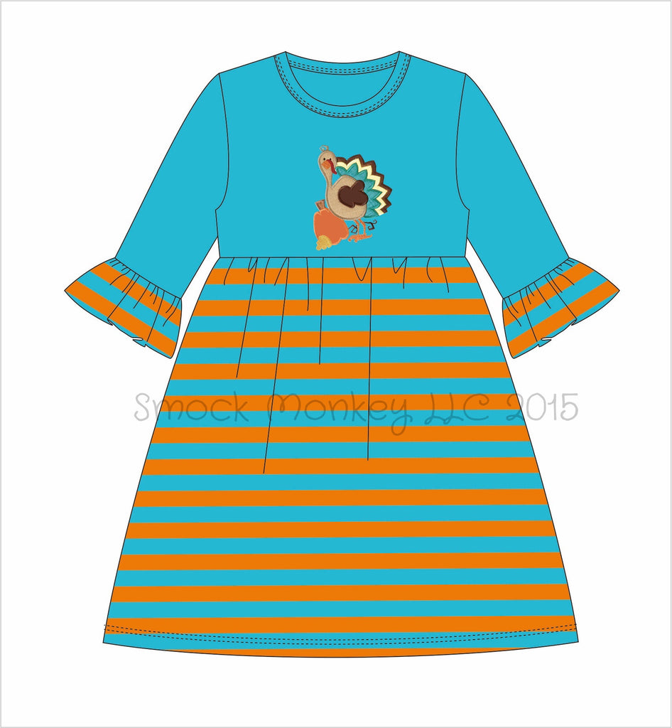 Girl's applique "GOBBLE, GOBBLE, TURKEY" aqua with aqua/orange stripe bell sleeve swing dress*see desc (18m,24m)