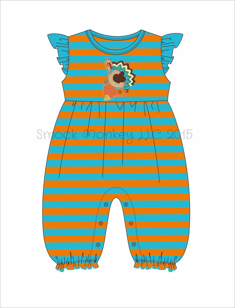 Girl's applique "GOBBLE, GOBBLE, TURKEY" aqua/orange stripe angel wing bubble long romper*see desc (3m,6m,12m,18m,24m,2t,3t,4t)