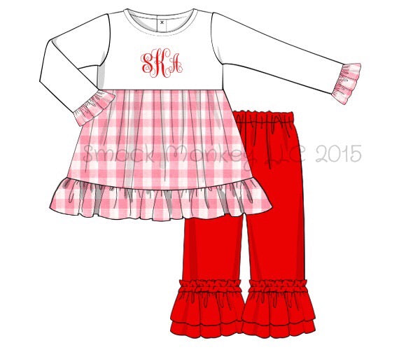 Girl's applique white knit swing top with pink gingham and red knit ruffle pants (NO MONOGRAM) (9m)