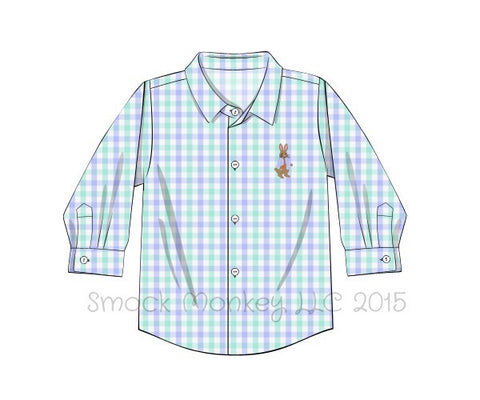 Boy's embroidered "PETER RABBIT" mint and blue gingham button down shirt (6m)