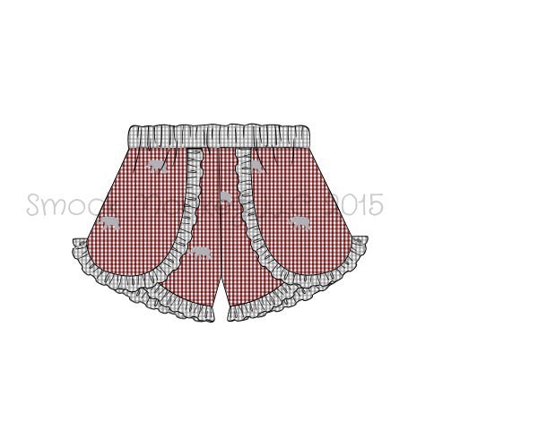 Girl's embroidered "ELEPHANTS" garnet microgingham with gray trim shorts (3m)