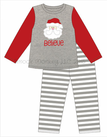 Adult appliqué "SANTA BELIEVE" gray shirt with striped bottoms set (MED,LG)