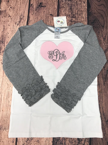 Girl's applique "HEART" white and gray knit baseball ruffle sleeve shirt "EDA" (12t)