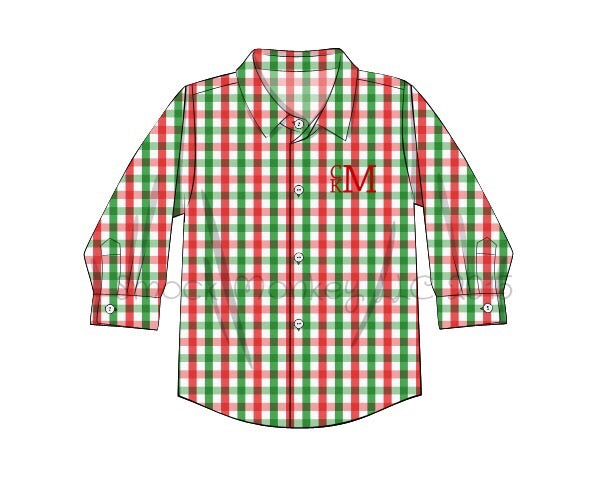 Boy’s red/green gingham long sleeve button down shirt (NO MONOGRAM) (NB)