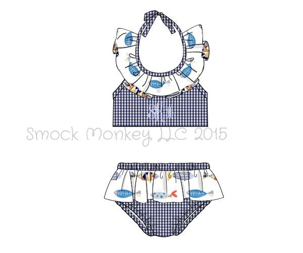 Girl's "FISH" navy microgingham ruffle two piece swim suit (NO MONOGRAM)(6m)