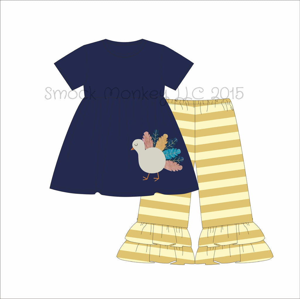 Girl's applique "TURKEY" navy knit short sleeve swing top and tan striped ruffle pants (9m,12m)