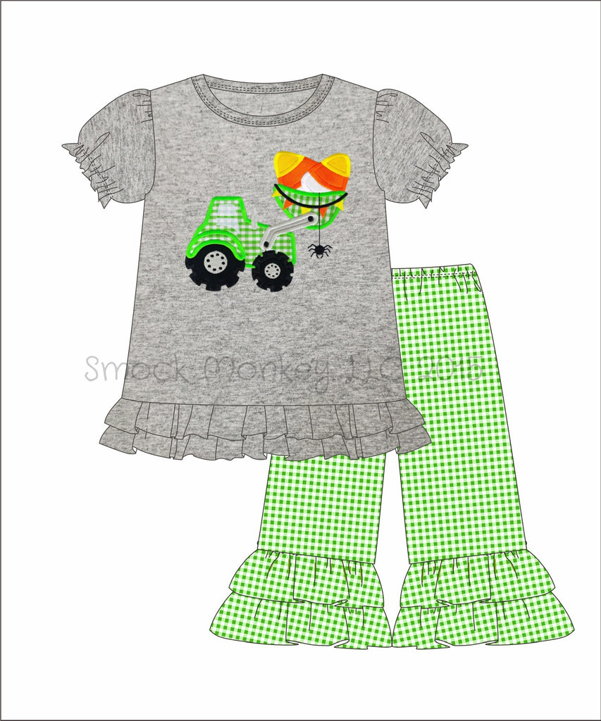 Girl's applique "CANDY CORN TRACTOR" gray knit swing top and lime gingham knit CAPRI pants (3m,9m,18m,24m,2t,4t)