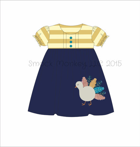 Girl's applique "TURKEY" tan striped and navy knit short sleeve swing dress (9m,12m,18m)