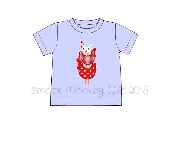 Boy's applique "STACKED CHICKENS" light blue knit short sleeve shirt (7t)