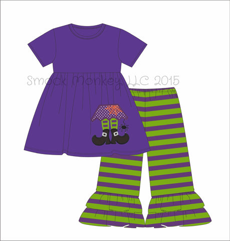 Girl's applique "SMELL MY FEET" purple knit swing top and purple and lime striped Capri pants (12m,18m)