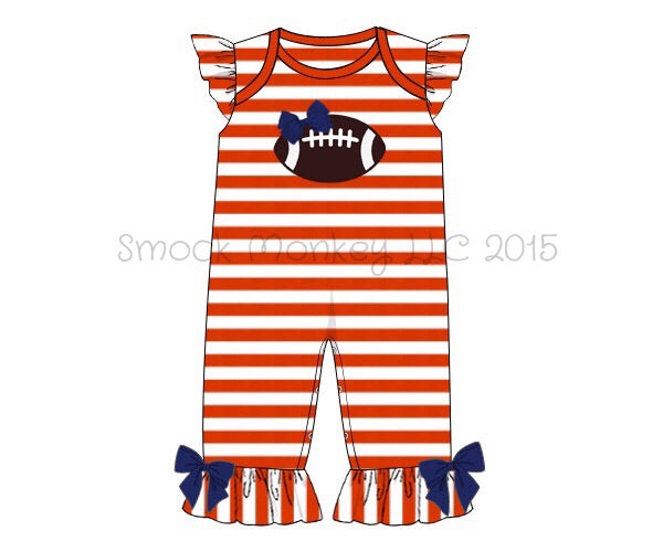 Girl's applique "FOOTBALL" orange striped knit ruffle romper with ROYAL BLUE bows (SEE DESCRIPTION) (6m,18m,4t)