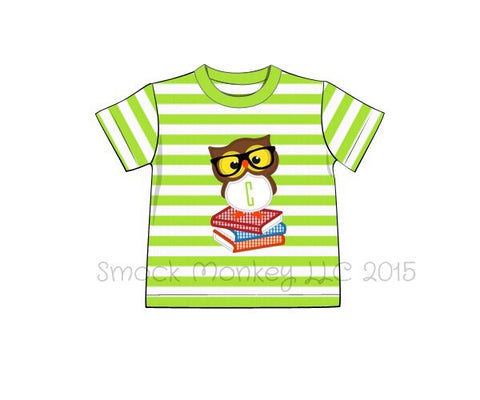Boy's applique "SMARTY OWL" lime green striped knit short sleeve shirt (NO MONOGRAM) (18m,24m,2t)