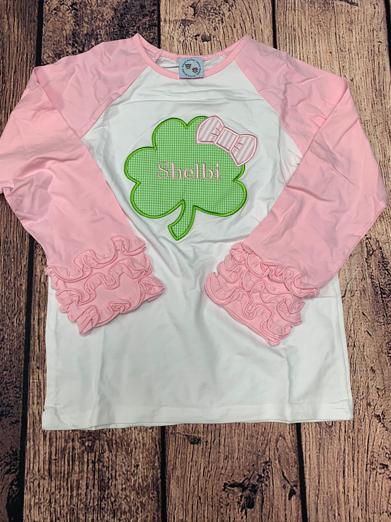 Girl's applique "SHAMROCK" baseball shirt with pink fringe sleeves "Shelbi" (8t)