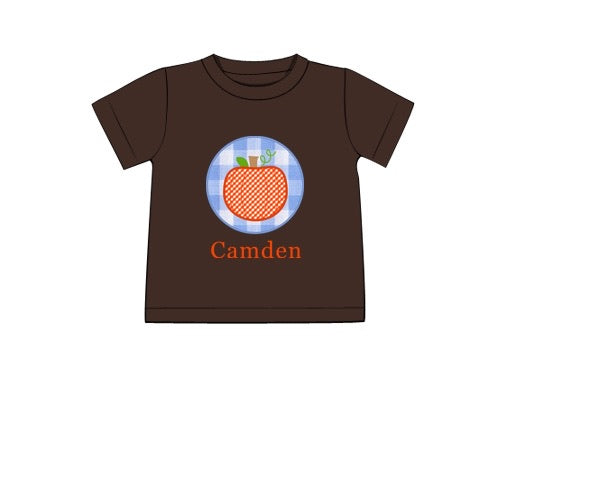 Boy's applique "BLUE GINGHAM PUMPKIN" brown knit short sleeve shirt (NO MONOGRAM) (6m)