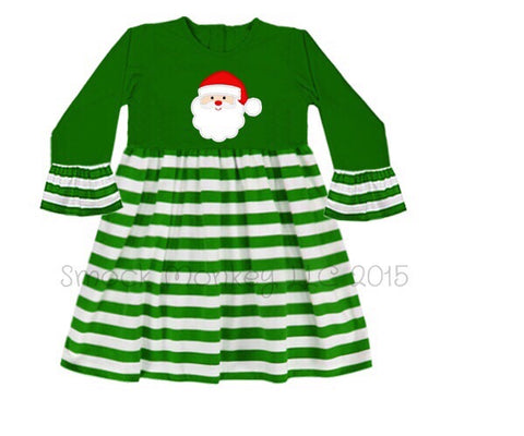 Girl’s applique “SANTA" green with green stripes 3/4 length bell sleeve swing dress (12m)