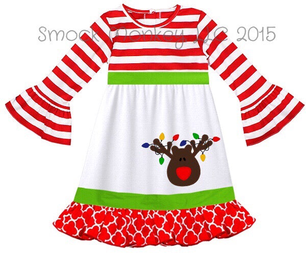 Girl’s applique “REINDEER" red striped long bell sleeve knit with quatrefoil cotton trim swing dress (24m)