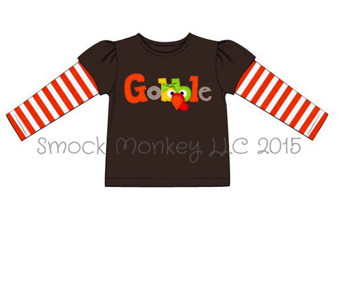 Girl's applique GOBBLE brown with orange stripes long sleeve shirt (6m,12m,24m)