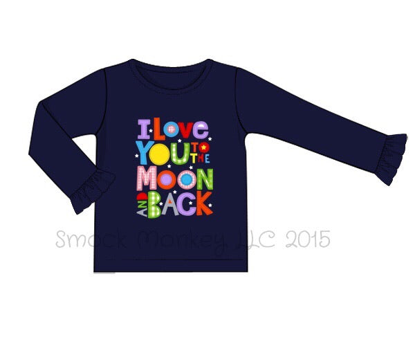 Girl’s applique “I LOVE YOU TO THE MOON” navy knit long sleeve ruffle shirt (12m)