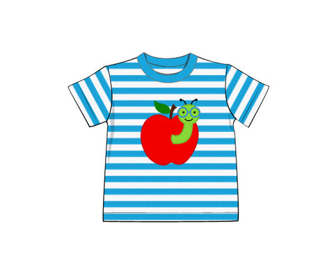 Boy's applique "WORMY APPLE" aqua striped short sleeve shirt (7t)