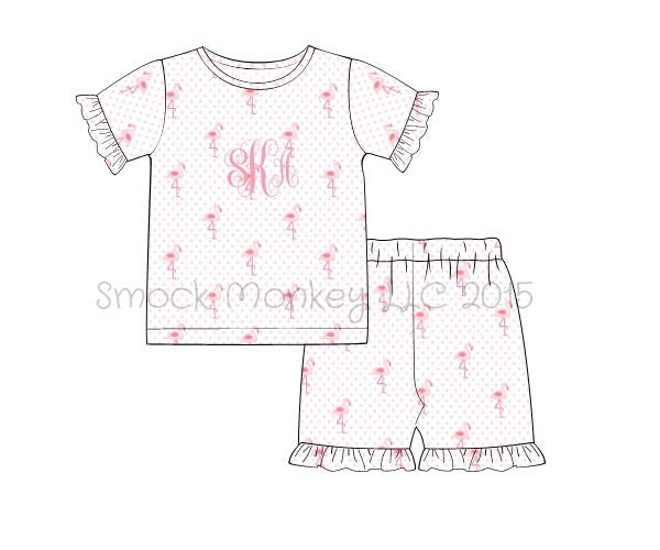 Girl's "FLAMINGOS" print short sleeve knit pajama top and flamingo print ruffle short set (NO MONOGRAM) (9m)