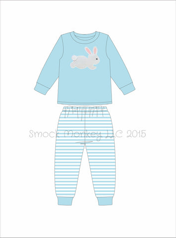 Boy's applique "BUNNY" light blue knit long sleeve with striped dot set (6m)