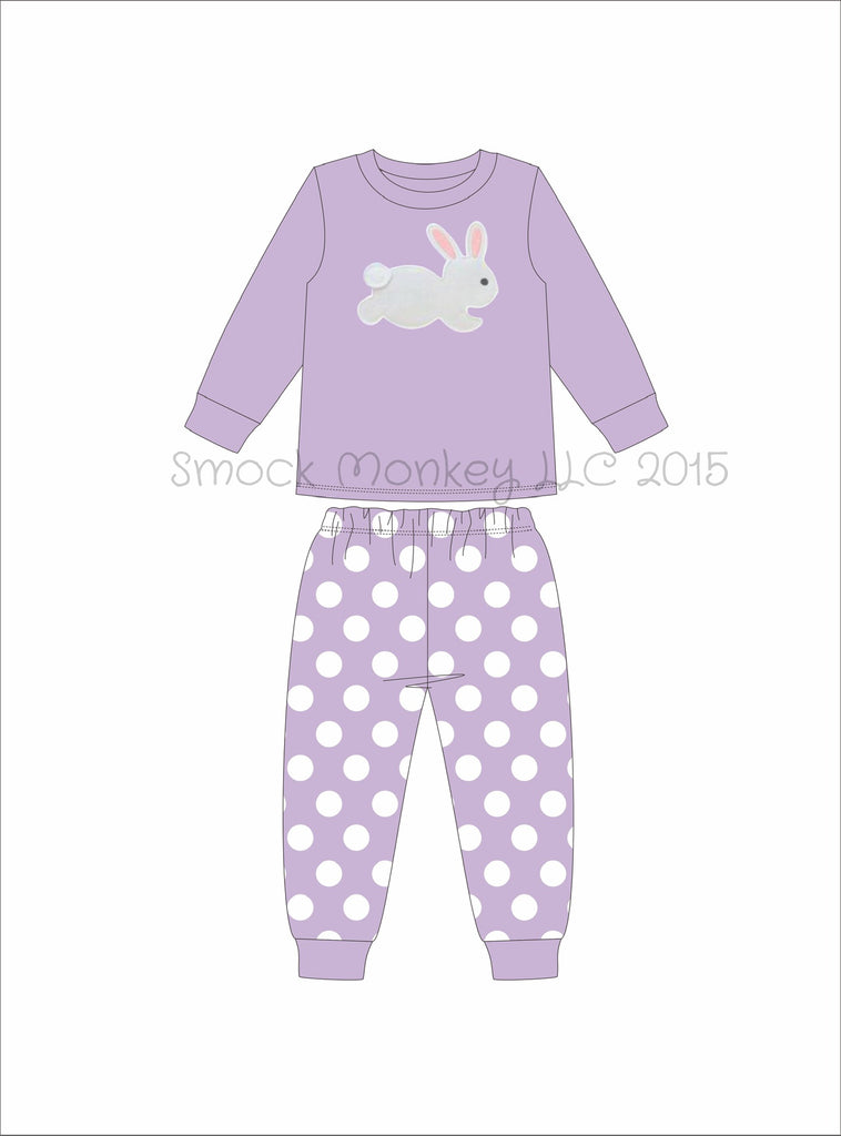 Girl's applique "BUNNY" lavender knit long sleeve with polka dot set (6m)