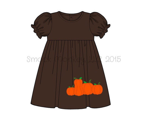 Girl's applique "PUMPKINS" brown knit short sleeve swing dress (NO MONOGRAM) (9m,18m)
