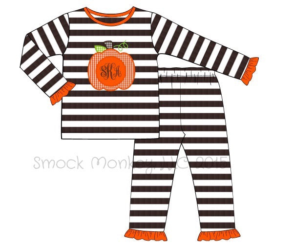 Girl's applique "PUMPKIN" brown striped knit ruffle two piece set (NO MONOGRAM) (3m,6m,9m,12m)