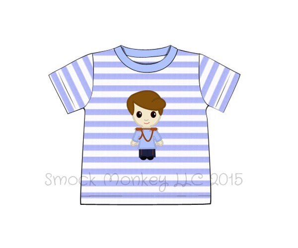 Boy's applique "PRINCE" periwinkle blue striped knit short sleeve shirt (12m)